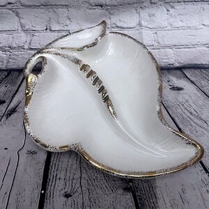 Vintage MCM Maurice of California Pottery Leaf Shaped Ashtray Gold Trim White